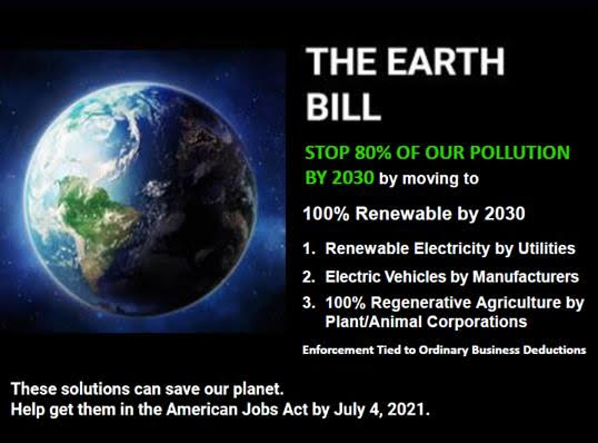 The Earth Bill. Stop 80% of our pollution by 2030 by moving to 100% renewable by 2030. 1. Renewable electricity by utilities. 2. Electric vehicles by manufacturers. 100% renewable agriculture by plant/animal corporations. Enforcement tied to ordinary business deductions. These solutions can save our planet. Help get them in the American Jobs Act by July, 4 2021.